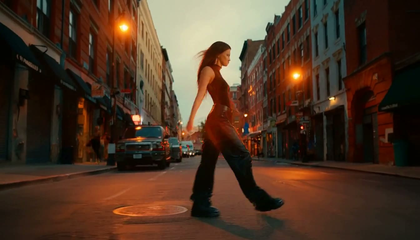 MiniMax H3 AI video example showing a woman walks confidently down a vibrant city street, her fiery aura illuminating her as she dances through the scene