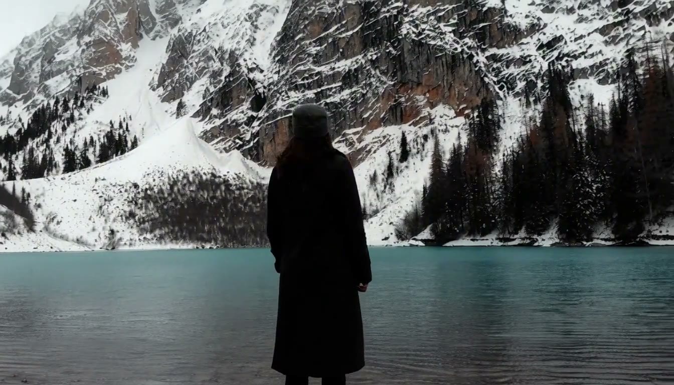MiniMax H3 AI video example showing a person stands by a serene lake, dressed in winter gear, with snow-covered mountains in the background