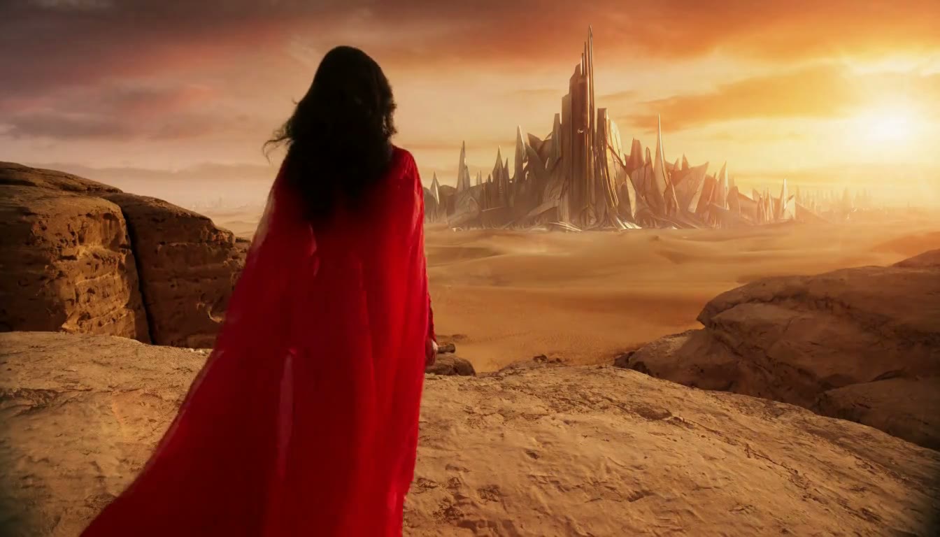 MiniMax H3 AI video example showing a woman in a red coat walks through a desert landscape towards a futuristic city