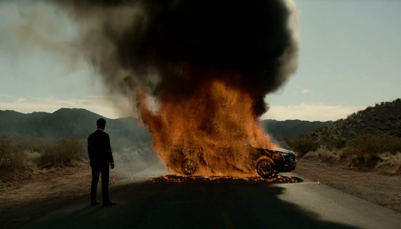MiniMax H3 AI video example showing a man in a suit observes a burning car on a desert road