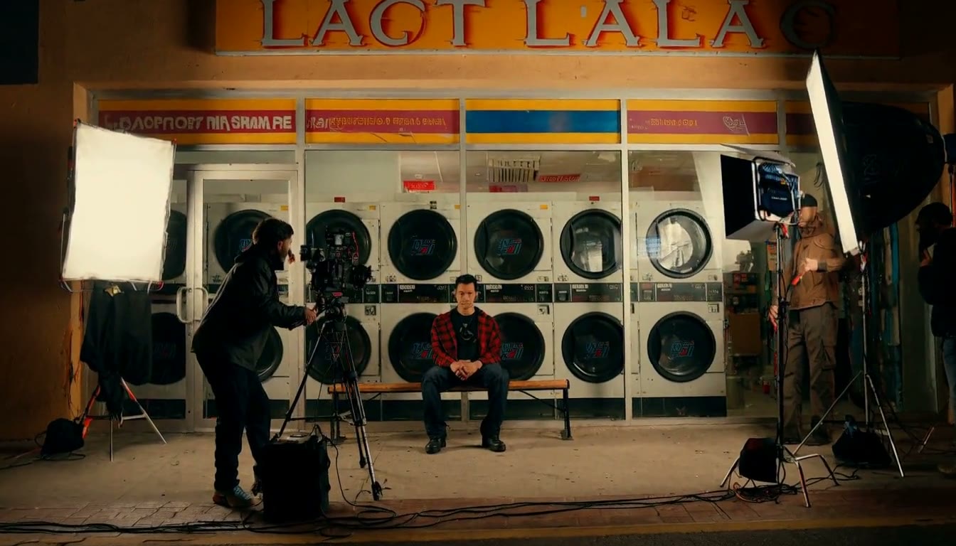 MiniMax H3 AI video example showing a man sits on a bench in front of a laundromat storefront, surrounded by film crew equipment and lights
