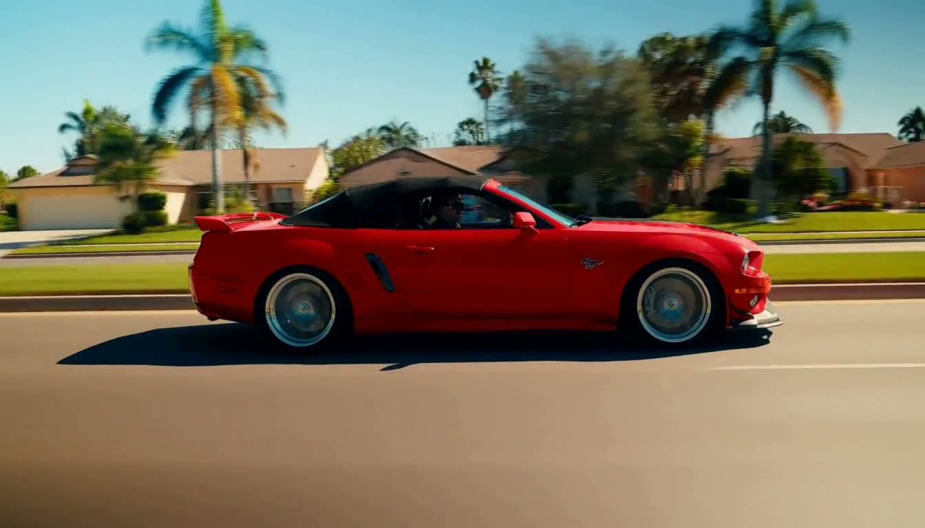 MiniMax H3 AI video example showing a red convertible Ford Mustang drives through a sunny suburban neighborhood with palm trees lining the street