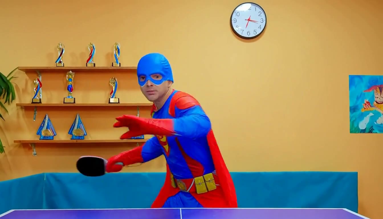 MiniMax H3 AI video example showing a superhero in a vibrant costume is engaged in a lively game of table tennis, showcasing agility and focus