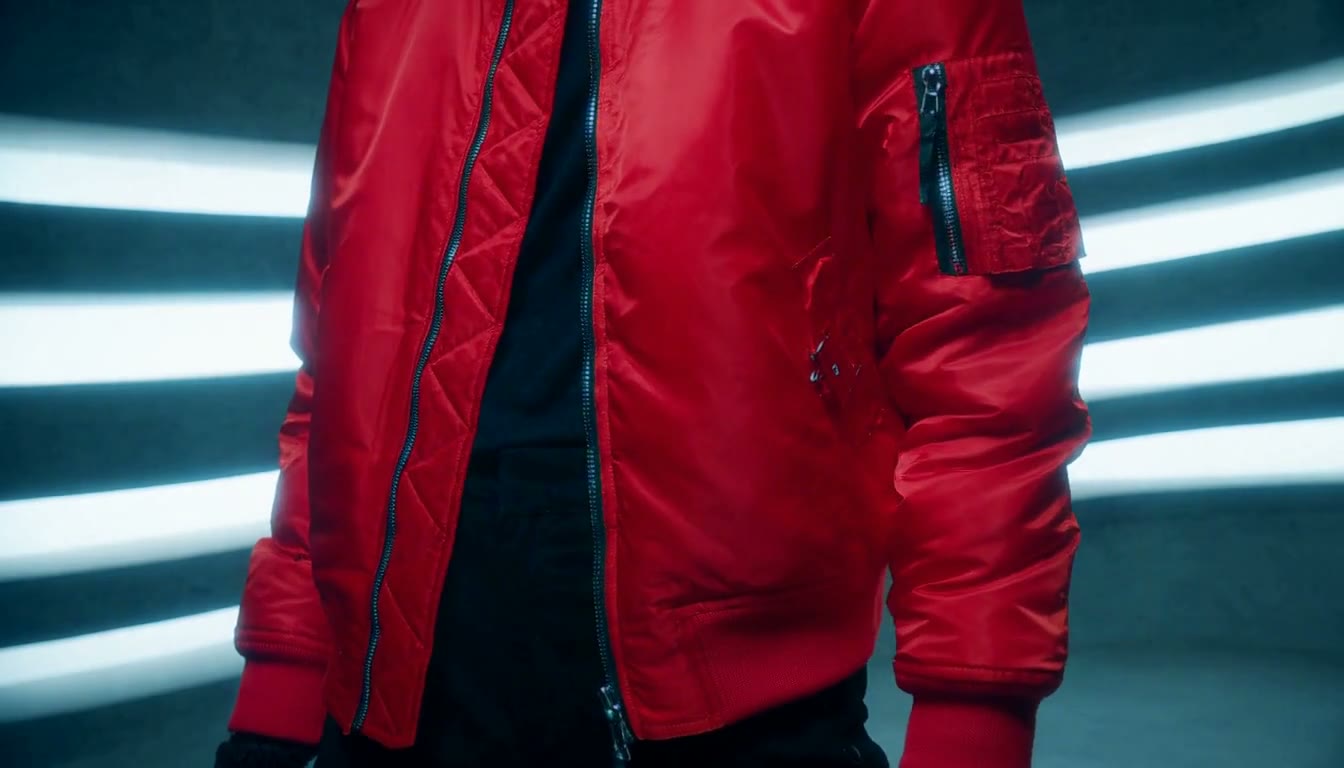 MiniMax H3 AI video example showing a model showcases a bomber jacket in a fashion video