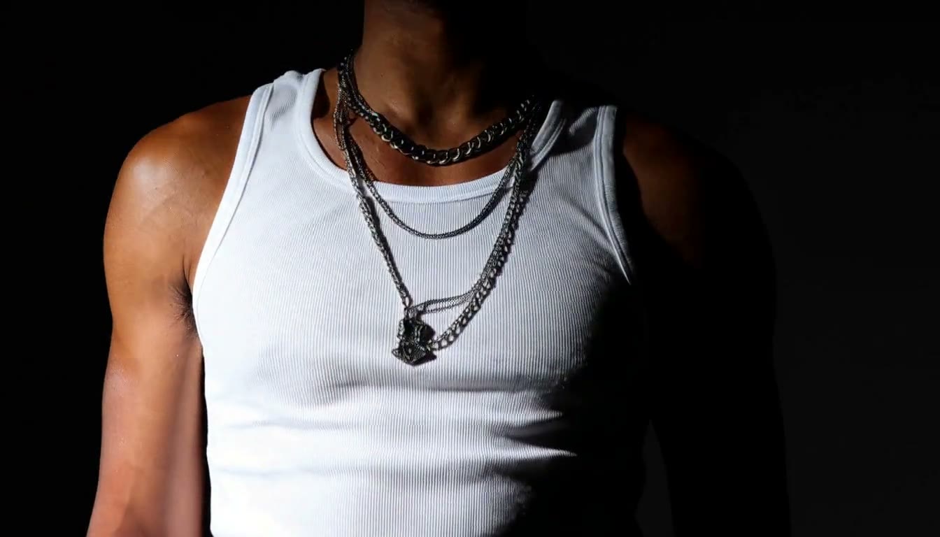 MiniMax H3 AI video example showing a man in a white tank top and layered necklaces against a dark background