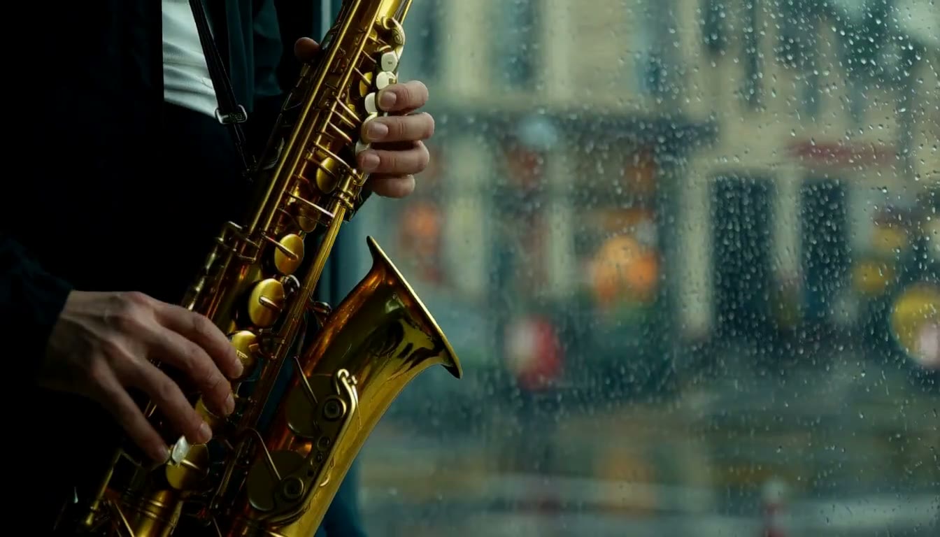 MiniMax H3 AI video example showing a person is navigating through a futuristic server room and then playing the saxophone in a rainy urban setting
