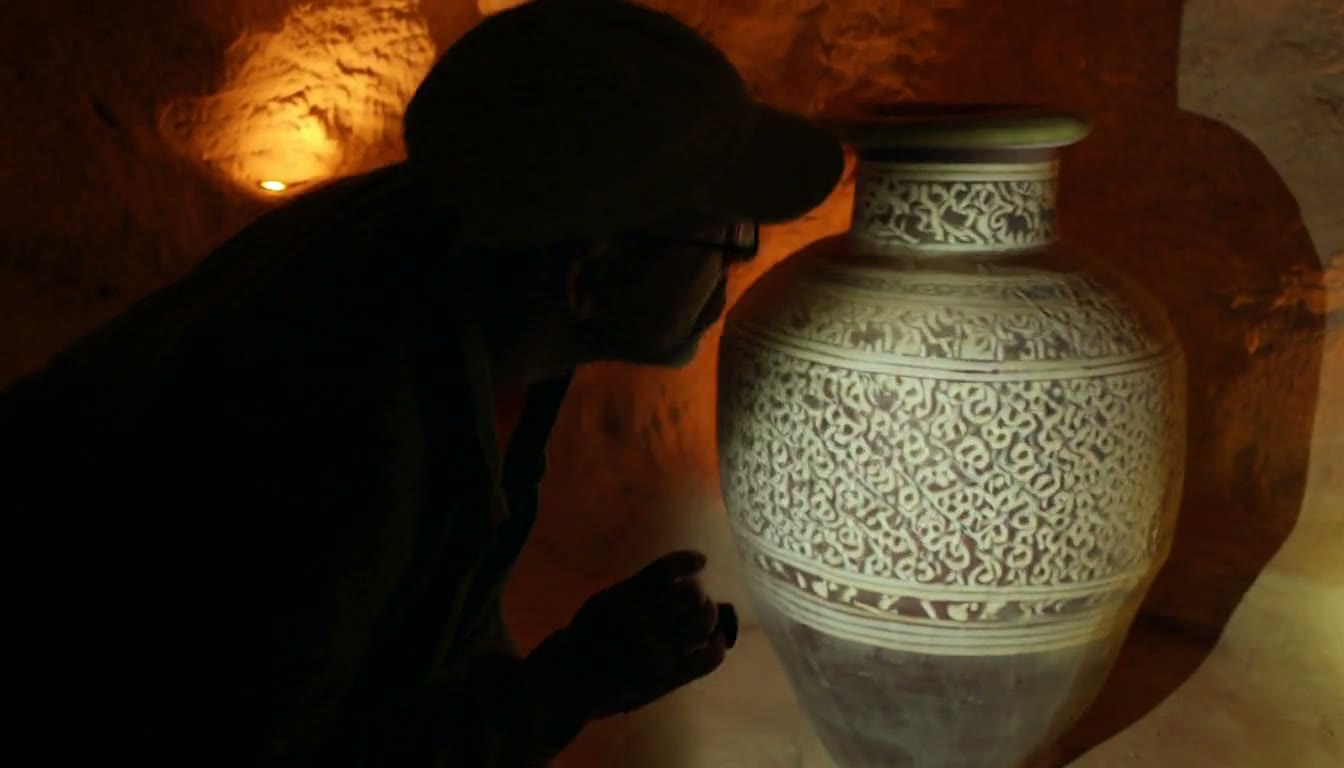 MiniMax H3 AI video example showing a person wearing a hat and glasses is exploring an ancient, dimly lit tomb