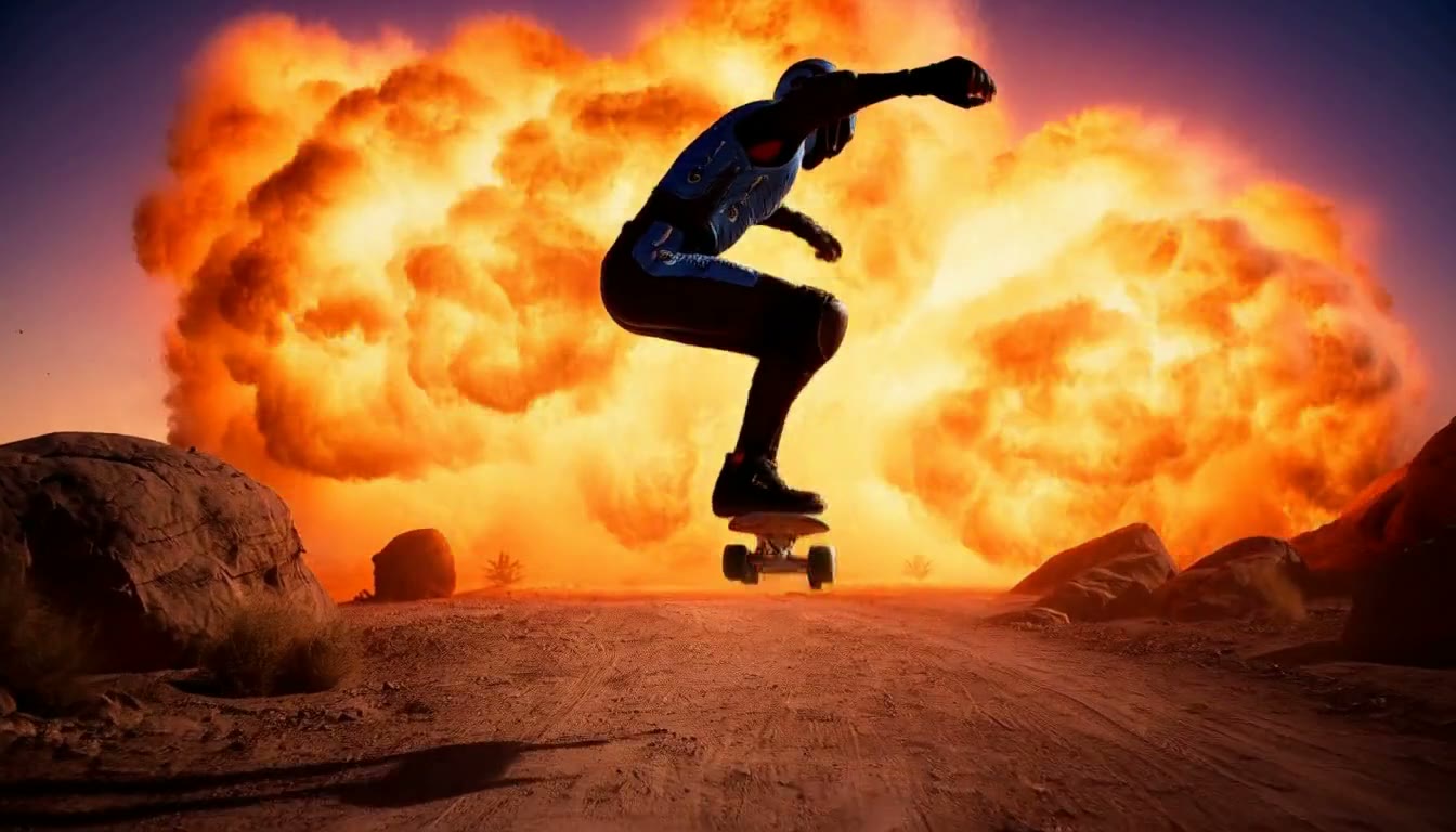 MiniMax H3 AI video example showing a confident figure rides a skateboard through a desert landscape with a dramatic explosion in the background