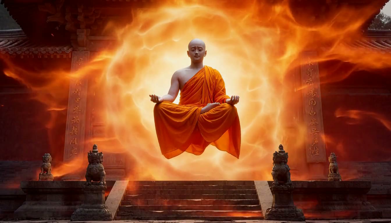 MiniMax H3 AI video example showing a monk in orange robes meditates in a temple setting, levitating amidst glowing energy and explosive effects
