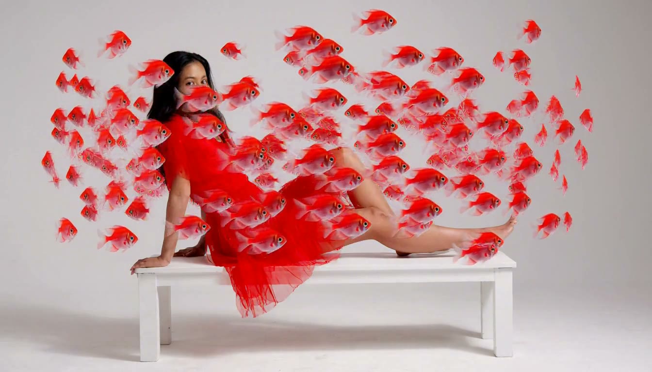 MiniMax H3 AI video example showing a woman in a red dress sits on a white bench, surrounded by a school of red fish that seem to emanate from her