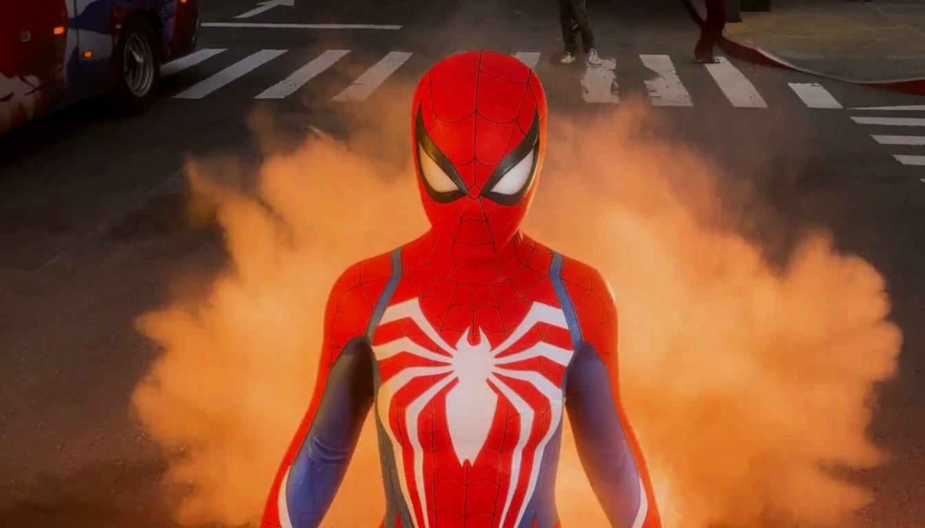 MiniMax H3 AI video example showing a woman in a superhero-inspired outfit is walking down a busy city street, with flames and smoke effects surrounding her